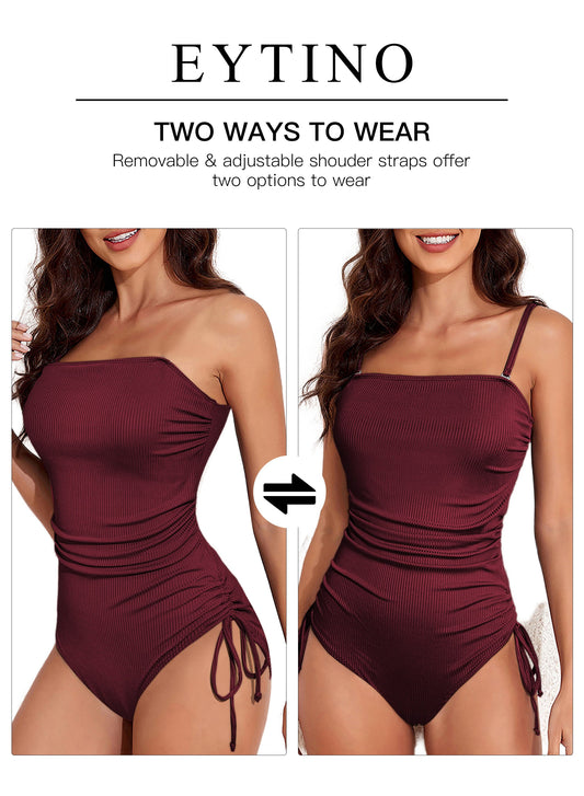 Swim Suits Ribbed One Piece Swimsuit Tummy Control Cheeky Tie Side Swimming Suits Ruched Drawstring Square Neck Womens Swimwear Blue M