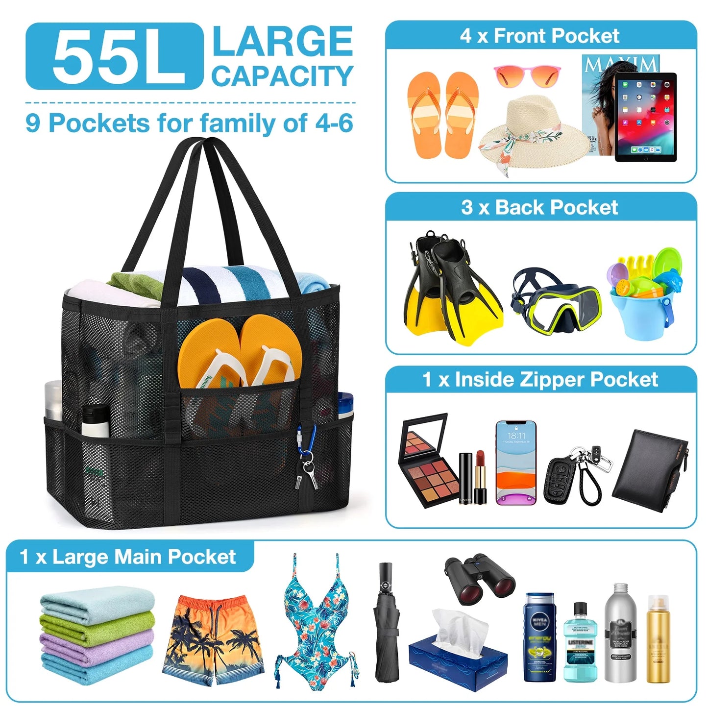 Mesh Beach Bag Rope Handles, Mesh Tote Bag for Women Contains Wicker Oversized Beach Tote Bag with 9 Small Pockets (Jellyfish)