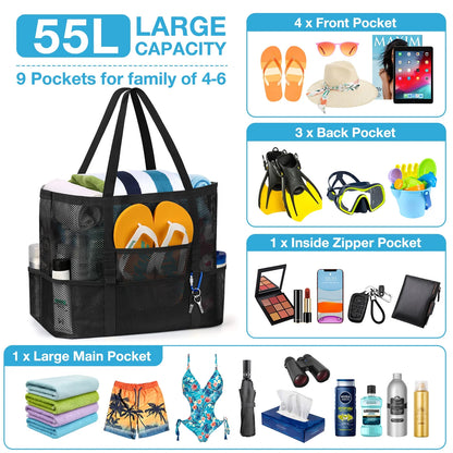 Mesh Beach Bag Rope Handles, Mesh Tote Bag for Women Contains Wicker Oversized Beach Tote Bag with 9 Small Pockets (Jellyfish)