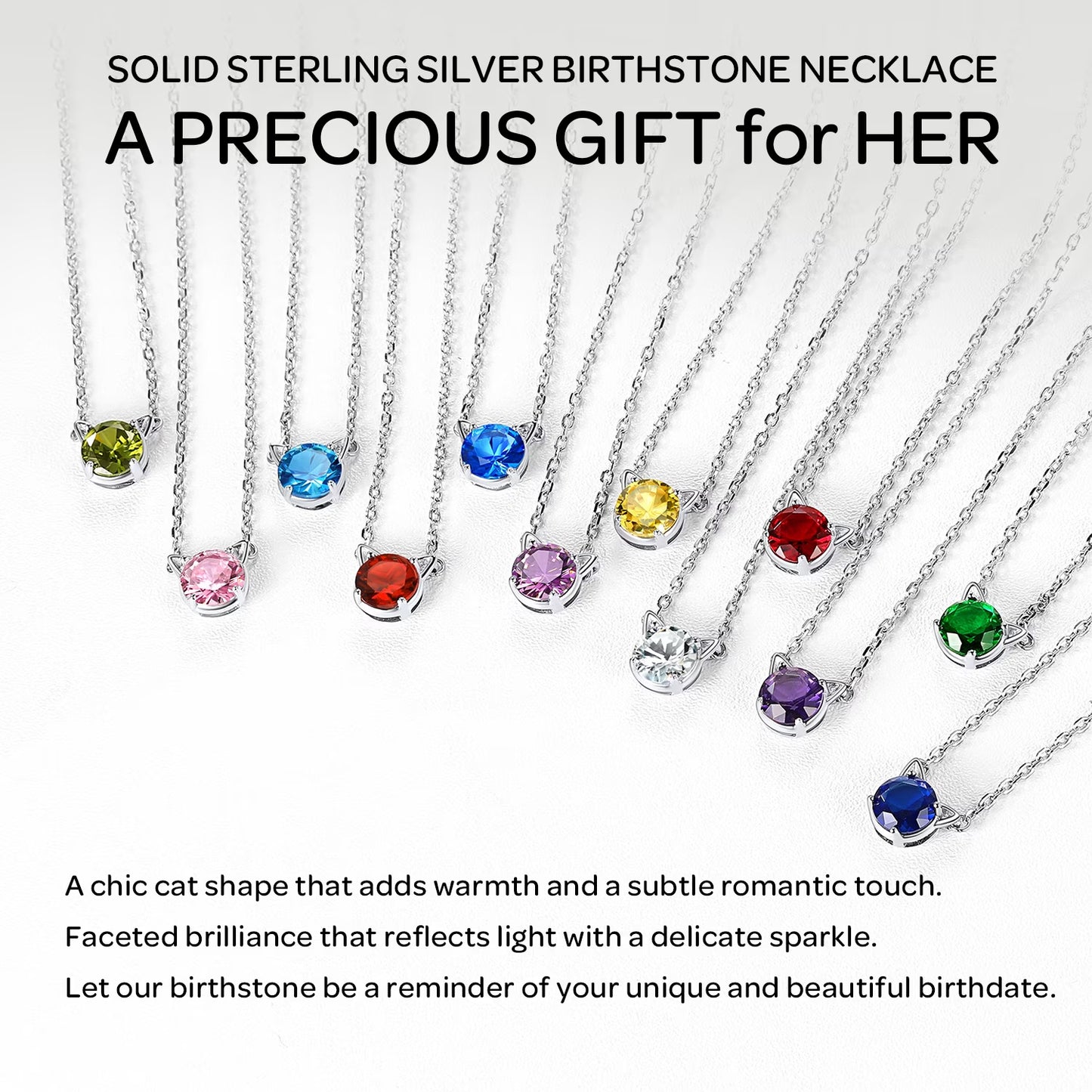 925 Sterling Silver Cute Cat Necklace with Birthstone Pendnat Hypoallergenic Jewelry Gifts for Women Cats Lovers Best Friend Sister Mom Wife Valentines Mothers Day Christmas Birthday