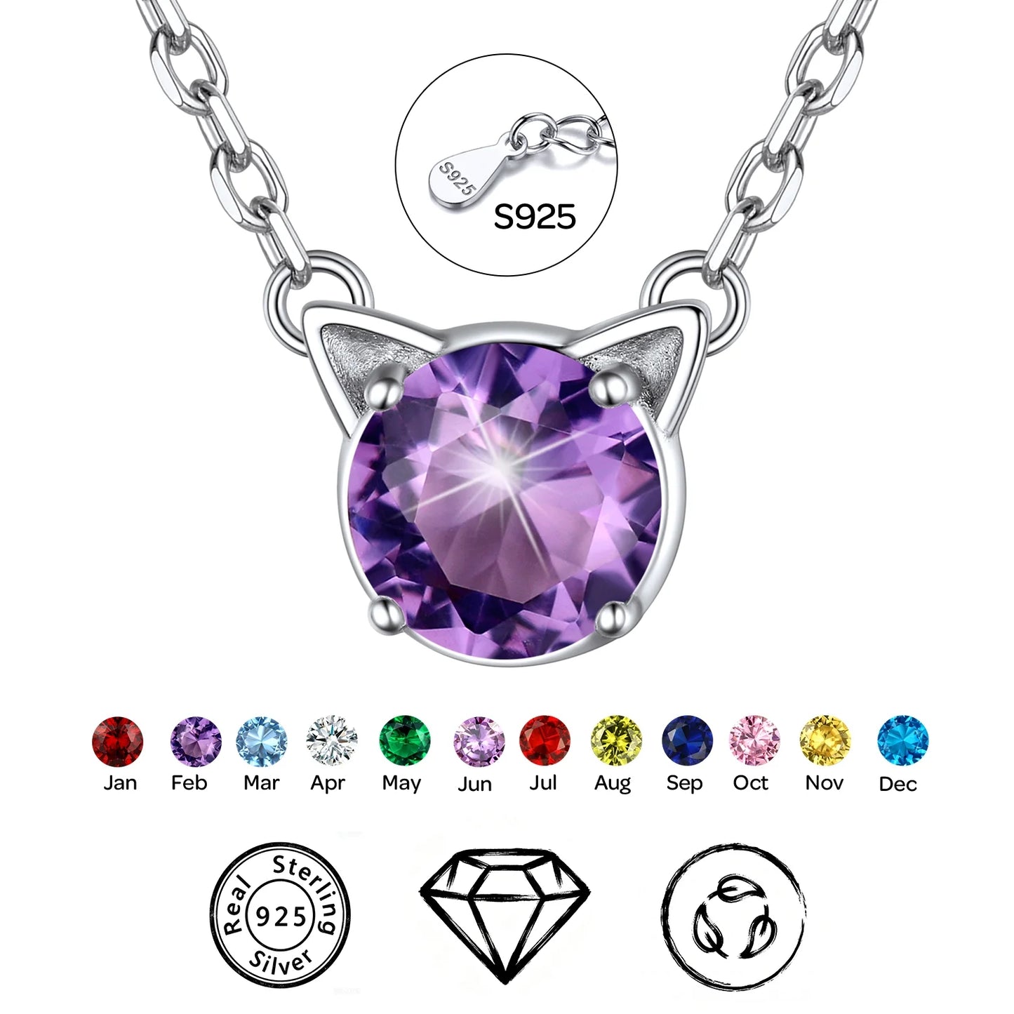 925 Sterling Silver Cute Cat Necklace with Birthstone Pendnat Hypoallergenic Jewelry Gifts for Women Cats Lovers Best Friend Sister Mom Wife Valentines Mothers Day Christmas Birthday