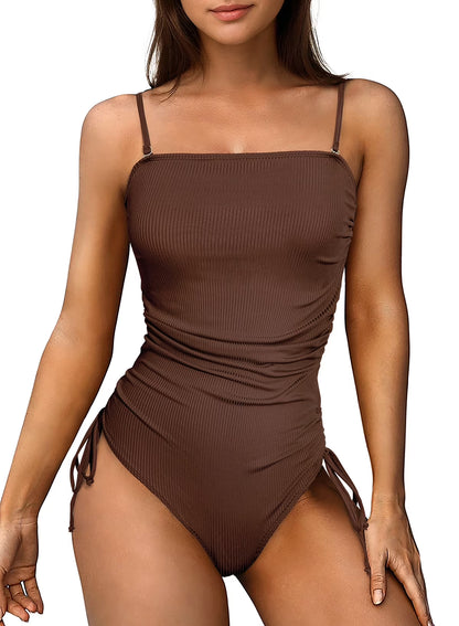 Swim Suits Ribbed One Piece Swimsuit Tummy Control Cheeky Tie Side Swimming Suits Ruched Drawstring Square Neck Womens Swimwear Blue M