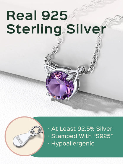 925 Sterling Silver Cute Cat Necklace with Birthstone Pendnat Hypoallergenic Jewelry Gifts for Women Cats Lovers Best Friend Sister Mom Wife Valentines Mothers Day Christmas Birthday