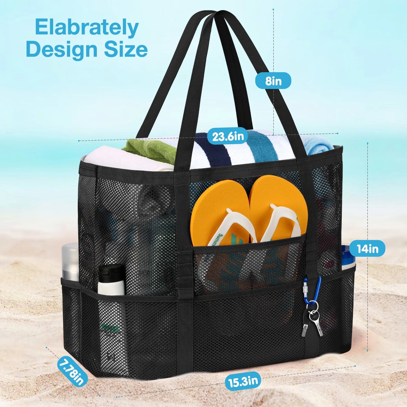 Mesh Beach Bag Rope Handles, Mesh Tote Bag for Women Contains Wicker Oversized Beach Tote Bag with 9 Small Pockets (Jellyfish)