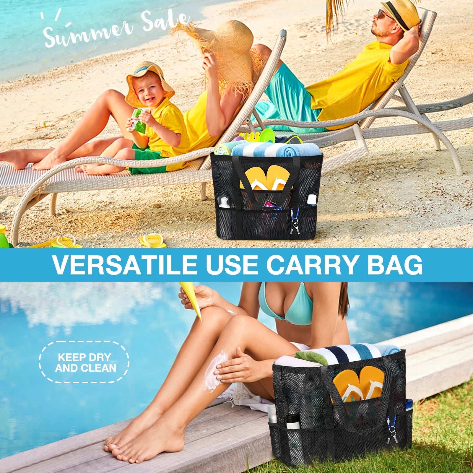 Mesh Beach Bag Rope Handles, Mesh Tote Bag for Women Contains Wicker Oversized Beach Tote Bag with 9 Small Pockets (Jellyfish)